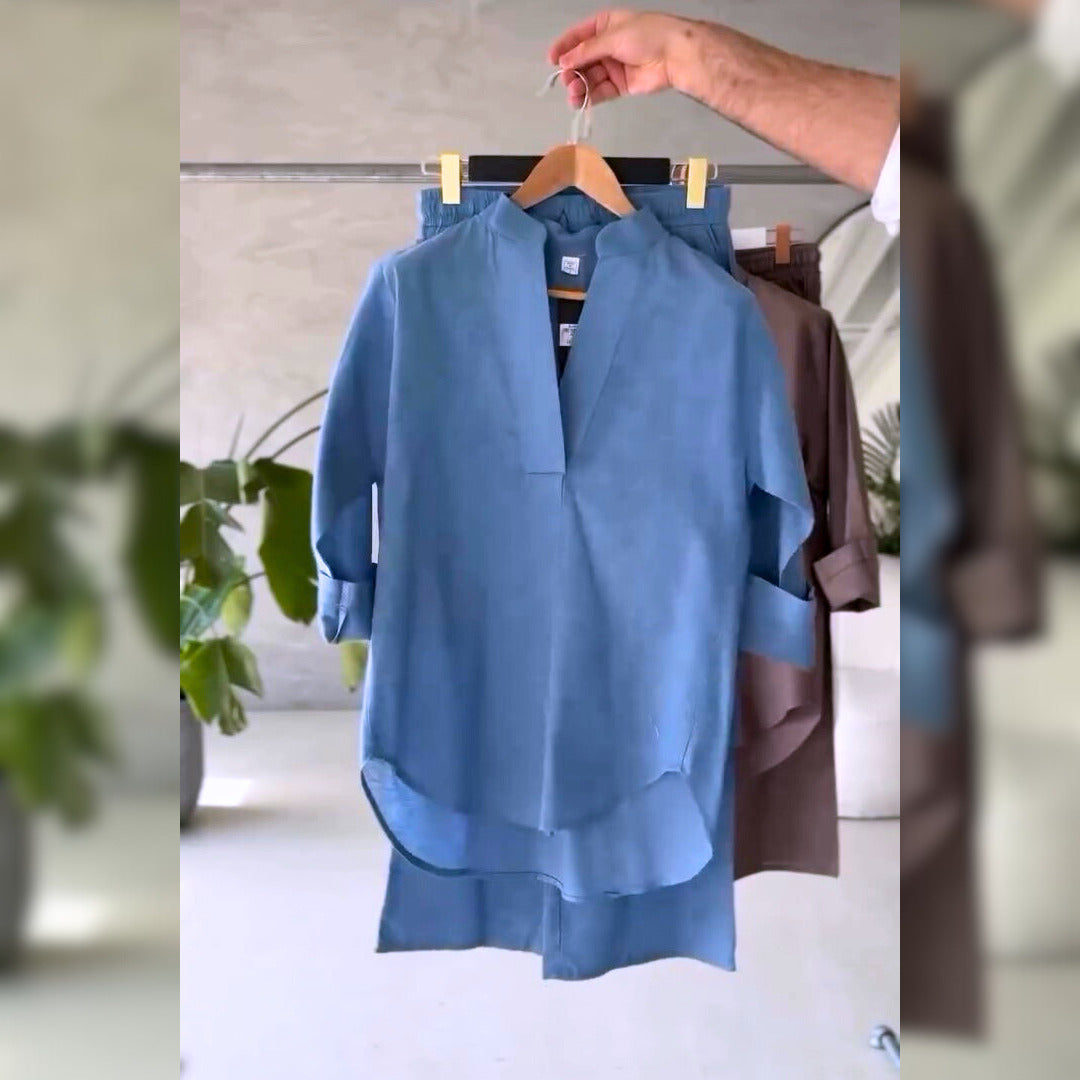 Women's V-Neck Pure Cotton Stuff Shirt & Trouser Set
