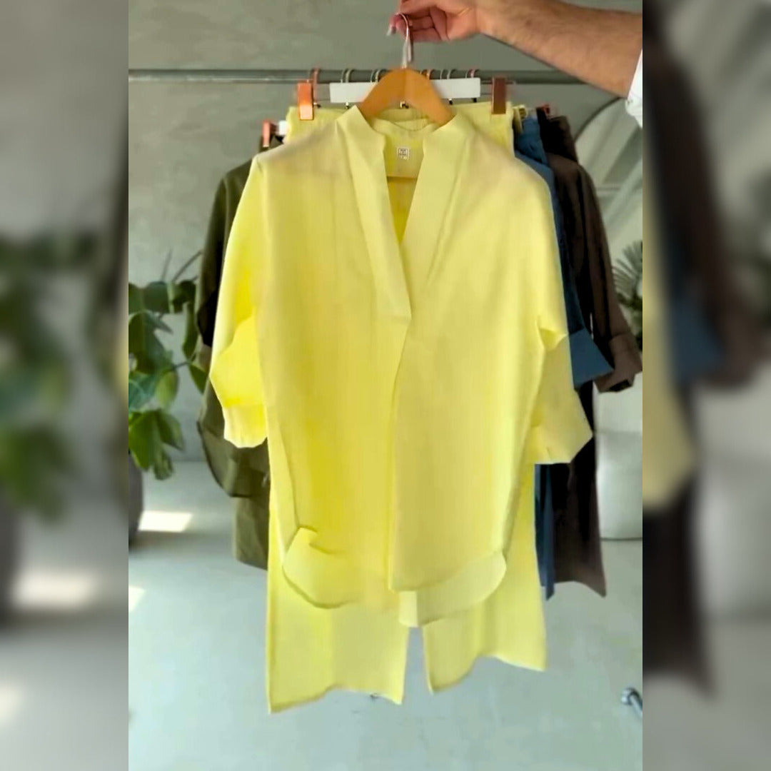 Women's V-Neck Pure Cotton Stuff Shirt & Trouser Set