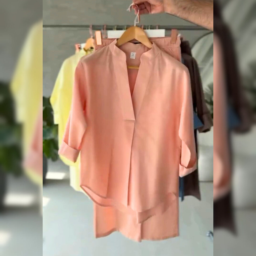 Women's V-Neck Pure Cotton Stuff Shirt & Trouser Set
