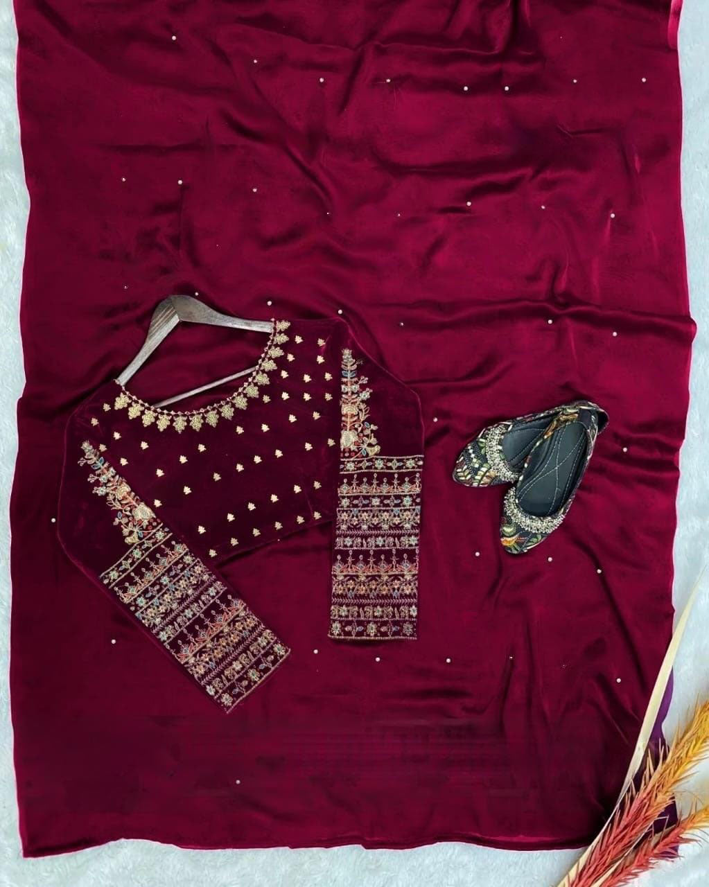 Multi Embroidery Blouse with Petticoat and Pearls Attached Saree