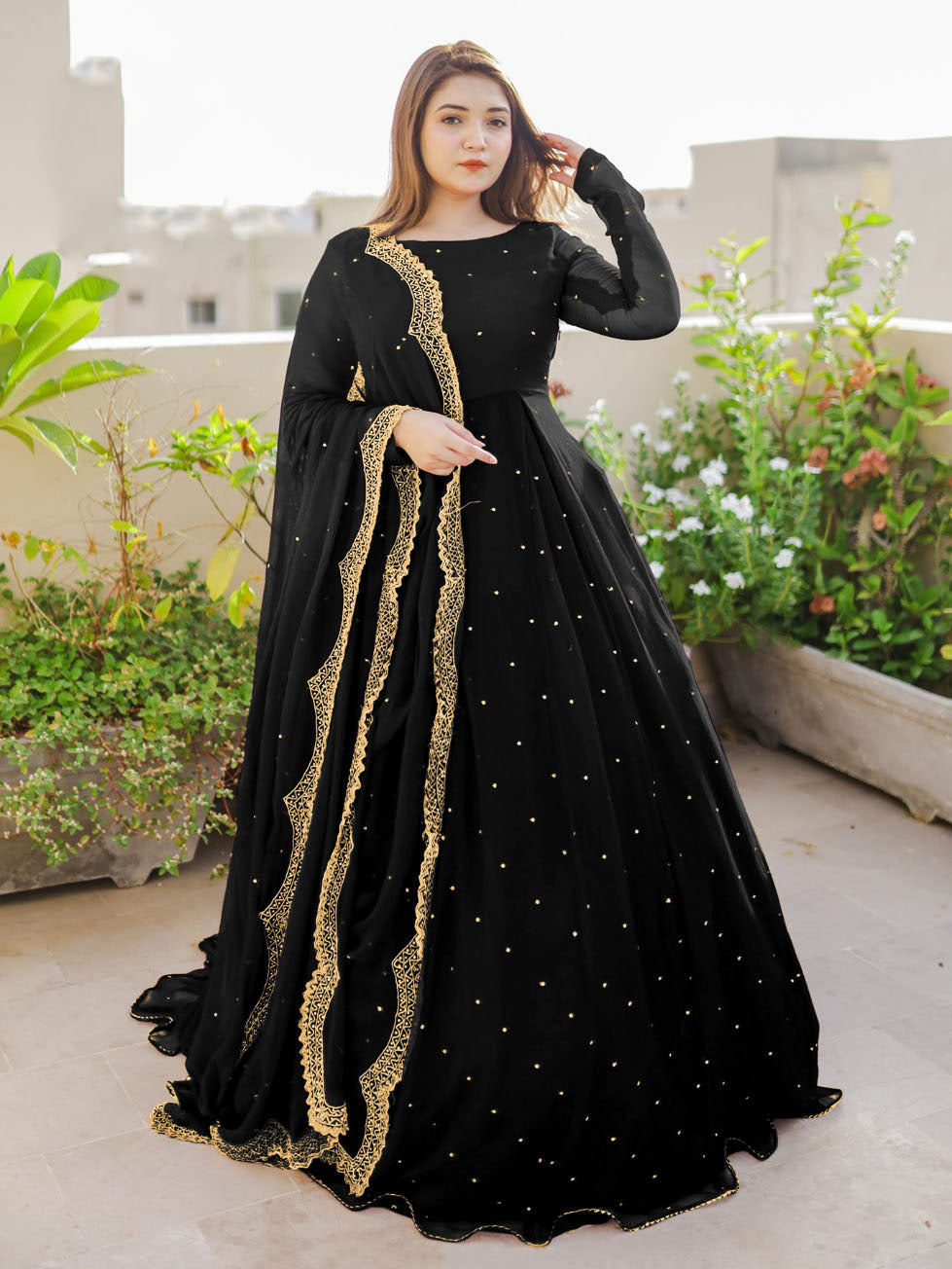 Pearls With Lace Work Long Flare Maxi with Embroidered and Pearls Dupatta and Trouser 3PCs