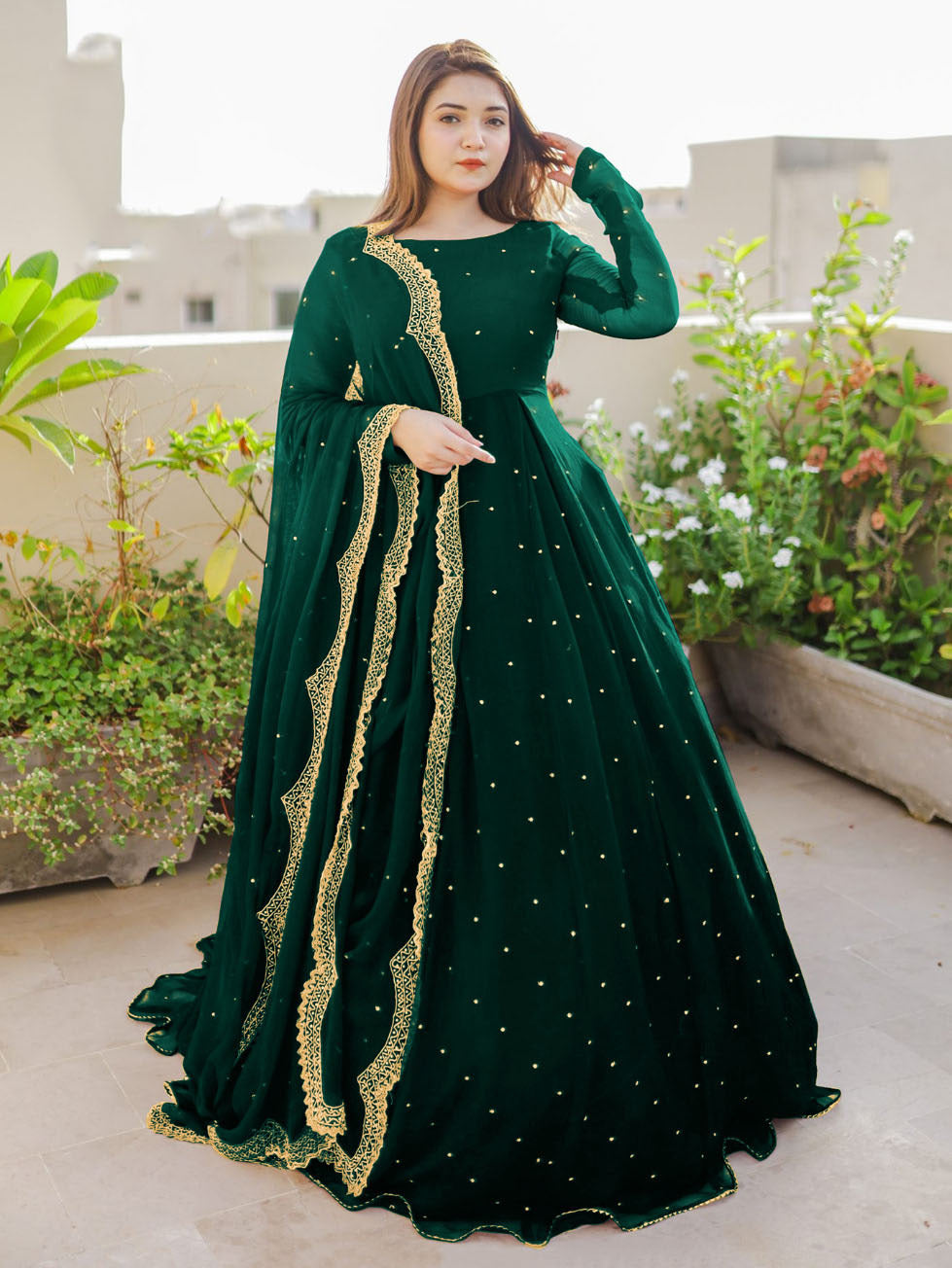 Pearls With Lace Work Long Flare Maxi with Embroidered and Pearls Dupatta and Trouser 3PCs
