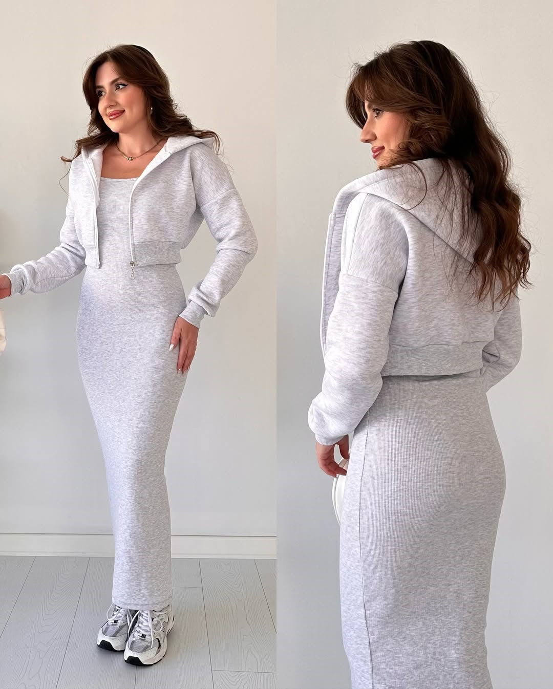 Sleeves less Body Fitted Long Bodycon with Drop shoulder front Zipper Hood Jacket 2PCs