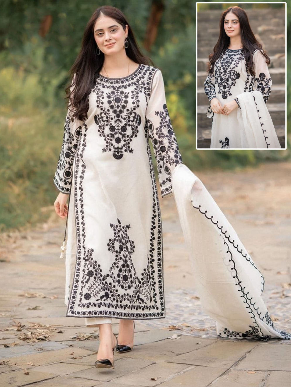 Neck,Sleeves,Daman Embroidered Shirt With Fully Embroidered Dupatta 3Pcs