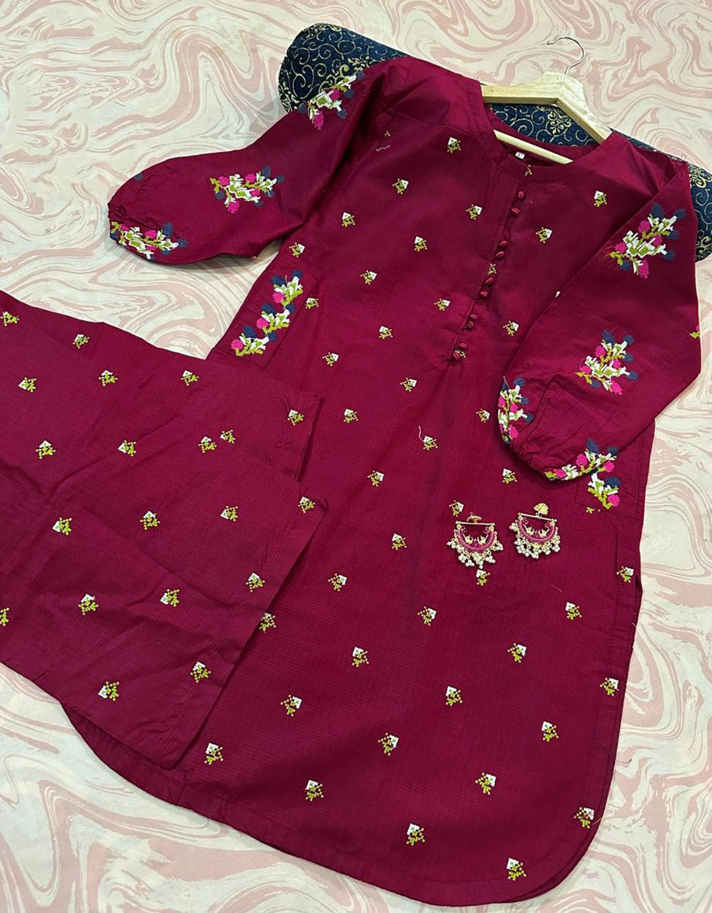 Bouti Embroidered Round Shirt with Embroidered Flapper 2PCs
