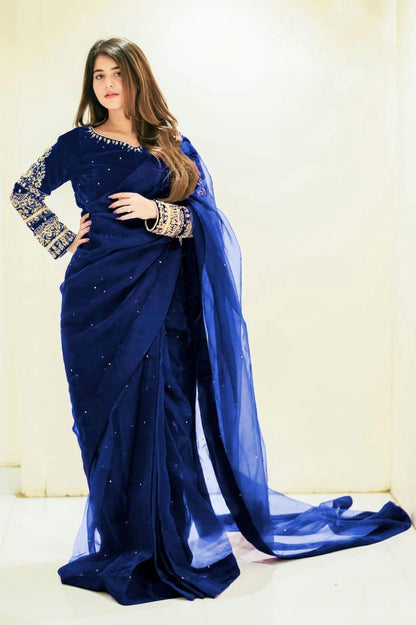 Multi Embroidery Blouse with Petticoat and Pearls Attached Saree