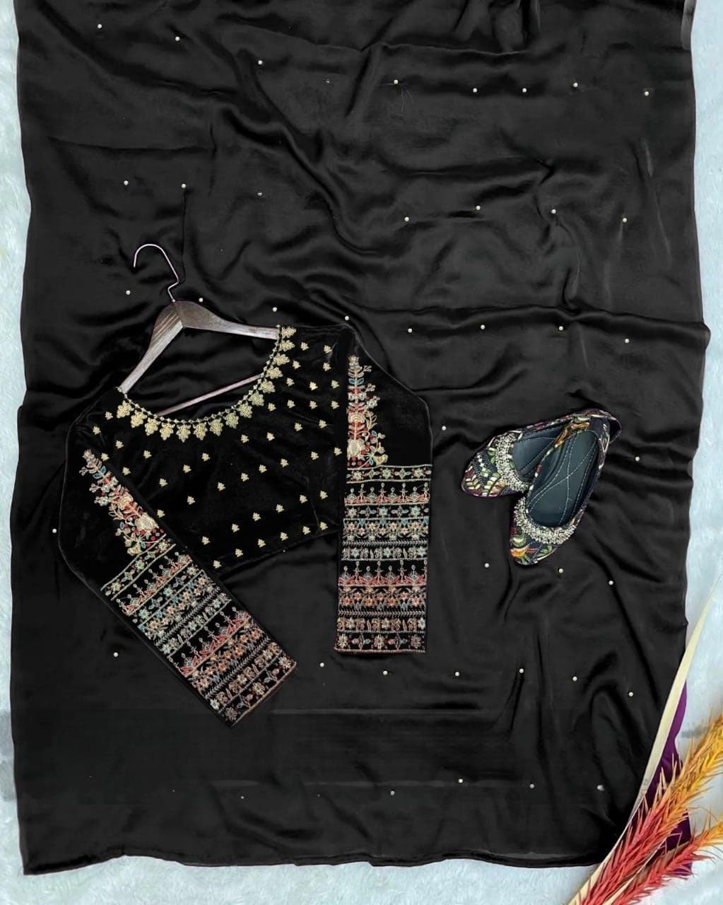 Multi Embroidery Blouse with Petticoat and Pearls Attached Saree