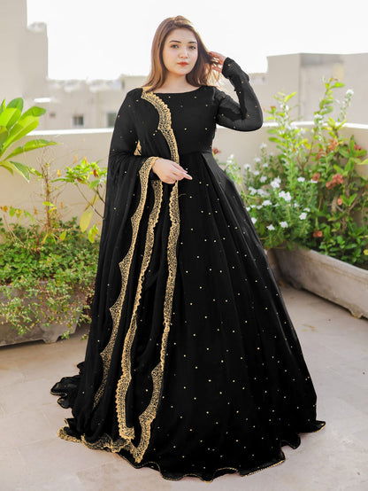 Pearls With Lace Work Long Flare Maxi with Embroidered and Pearls Dupatta and Trouser 3PCs