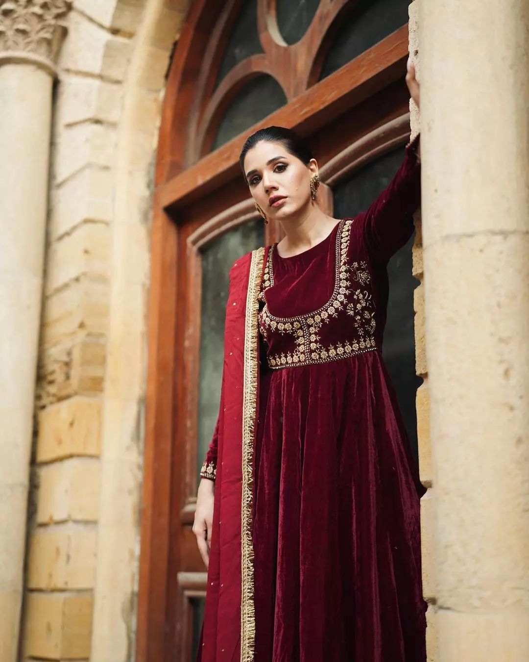 Stitched Formal Wear Embroidered Velvet Maxi with Chiffon Dupatta 3-Piece