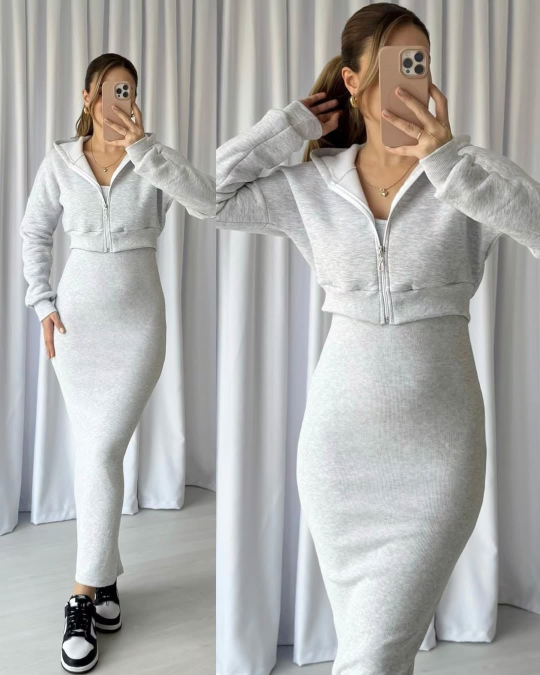 Sleeves less Body Fitted Long Bodycon with Drop shoulder front Zipper Hood Jacket 2PCs