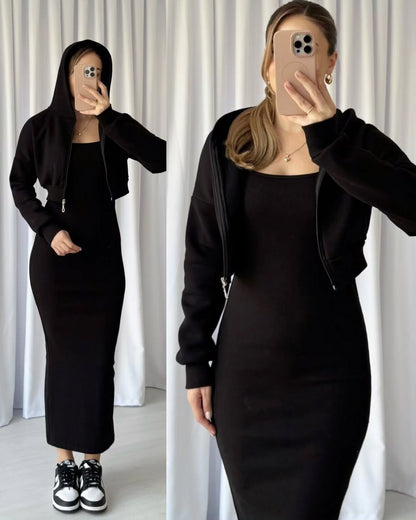 Sleeves less Body Fitted Long Bodycon with Drop shoulder front Zipper Hood Jacket 2PCs