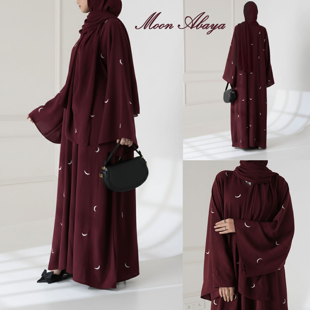 Front Back Moon 🌙 Embroidered Abaya with stoller 2PCs&nbsp;