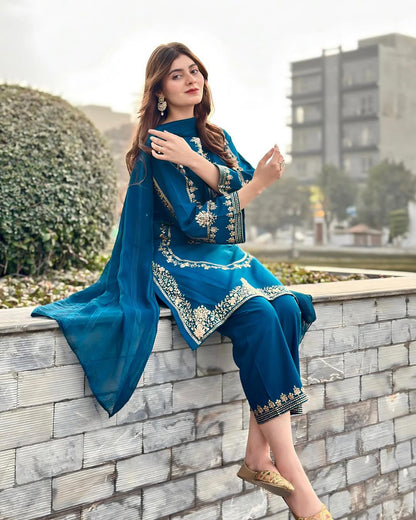 Sequence Embroidered on Shirt, Sleeves with Embroidered Trouser 3PCs