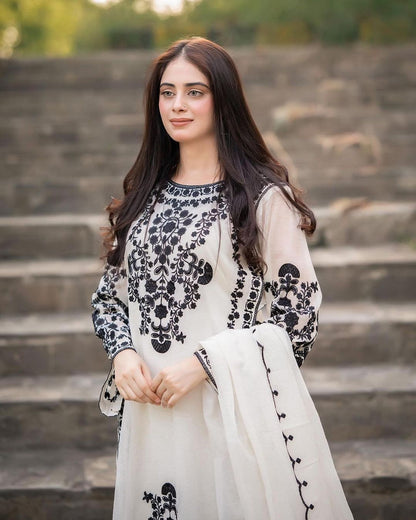 Neck,Sleeves,Daman Embroidered Shirt With Fully Embroidered Dupatta 3Pcs