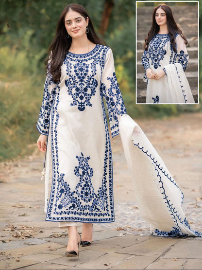 Neck,Sleeves,Daman Embroidered Shirt With Fully Embroidered Dupatta 3Pcs