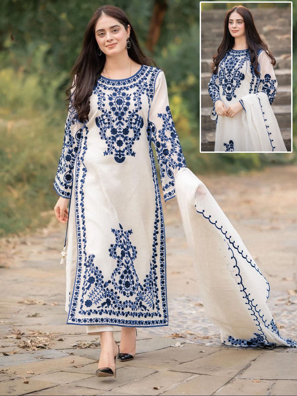 Neck,Sleeves,Daman Embroidered Shirt With Fully Embroidered Dupatta 3Pcs