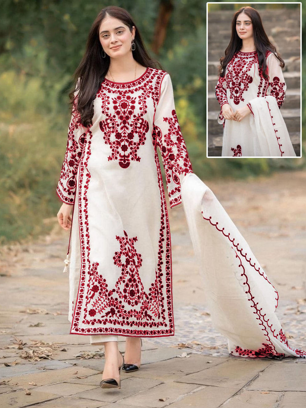 Neck,Sleeves,Daman Embroidered Shirt With Fully Embroidered Dupatta 3Pcs