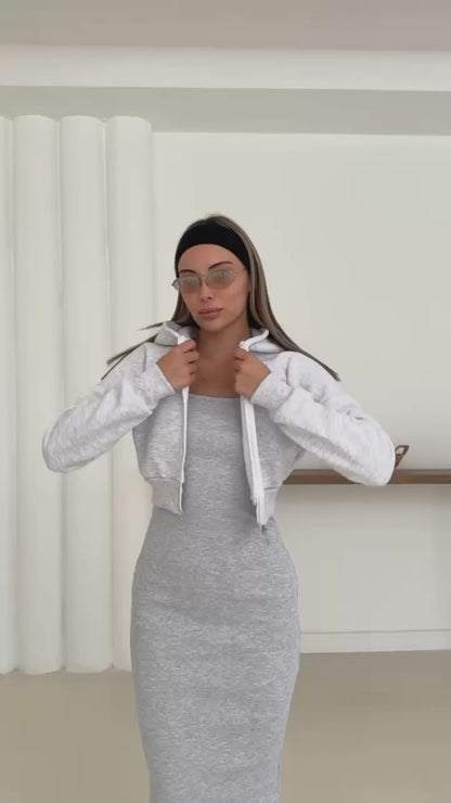 Sleeves less Body Fitted Long Bodycon with Drop shoulder front Zipper Hood Jacket 2PCs