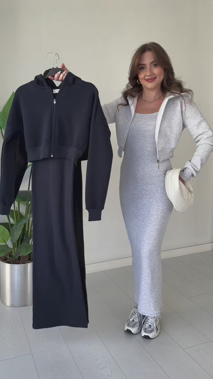 Sleeves less Body Fitted Long Bodycon with Drop shoulder front Zipper Hood Jacket 2PCs